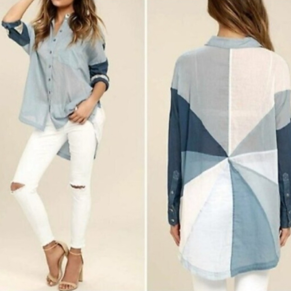 Free People Rainbow Rays Blue Combo Oversized Buttondown Shirt Small